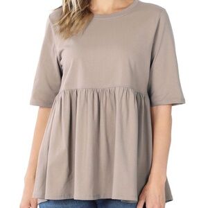 HALF SLEEVE EMPIRE WAIST SHIRRING TOP ASH MOCHA COLOR